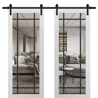 Porte de grange double robuste avec vitrage clair Lucia 2266 Blanc Soie, supports de rail de 4 m (13 pi), portes intérieures à panneaux pleins et lourds - 213 cm x 213 cm (84 po x 84 po) (2 x 107 cm x 243 cm) - Rail noir - Vitrage clair