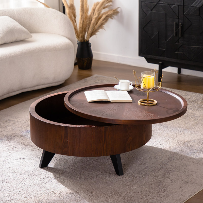  Table basse ronde avec rangement caché, table de centre tambour en placage de bois massif avec plateau amovible, bois naturel