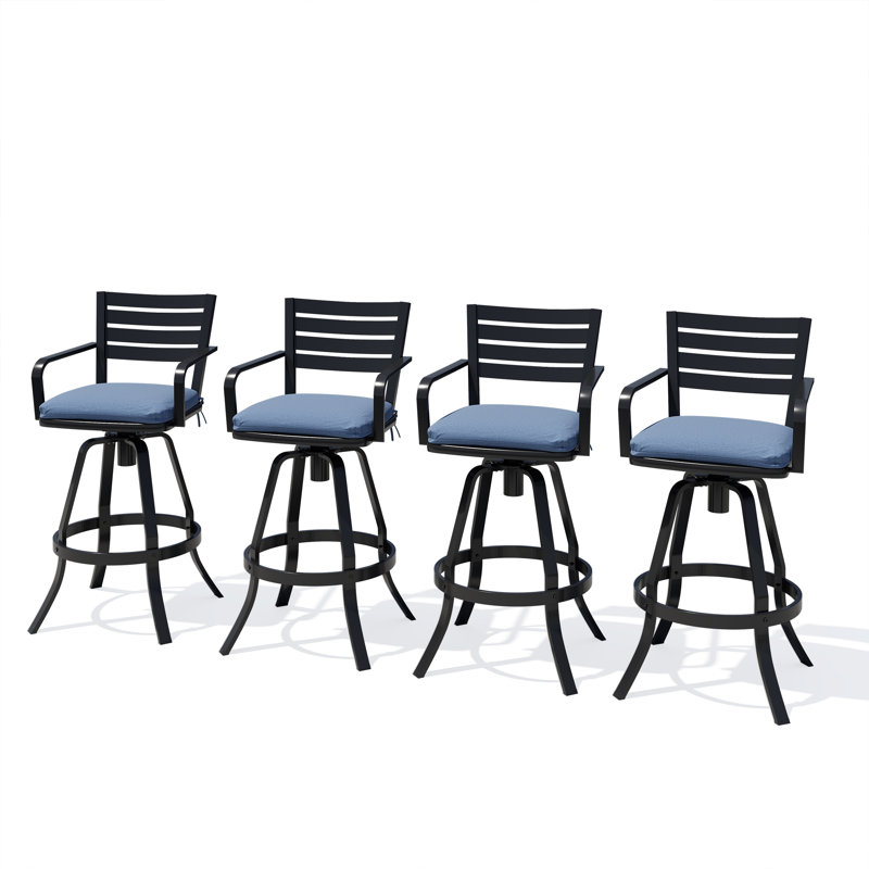 29.57" Swivel Outdoor Bar Stool,  Cast Aluminum Frame & Sunbrella Cushion (Set of 4), Spectrum Denim