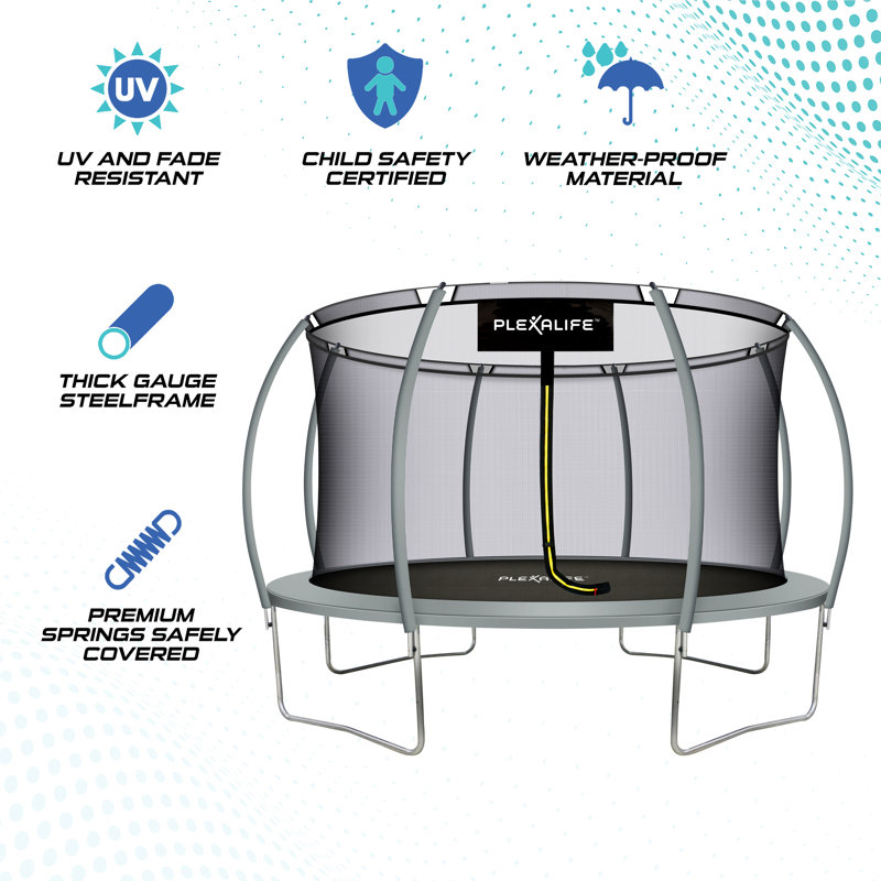 Machrus Moxie Pumpkin-Shaped Outdoor Trampoline Set with Top-Ring Frame Safety Enclosure, 14 FT, Gray