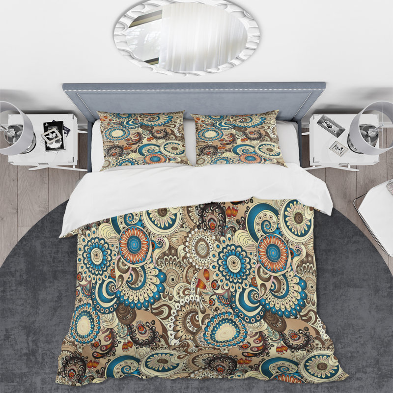 Fleurs rétro brun et bleu II - ensemble de housse de couette moderne - microfibre de polyester