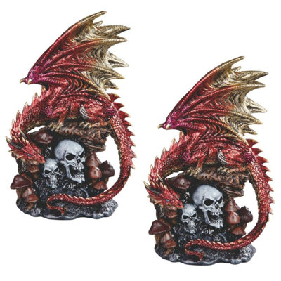"2-PC Set" ICE ARMOUR 9 "H dragon rouge gardant des crânes, statue, sculpture, ornement, décoration de la maison / chambre et idées de cadeaux parfaits pour la pendaison de crémaillère, les fêtes et les anniversaires