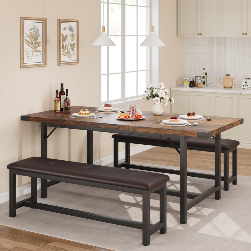 Ensemble de table de salle à manger pour 4-8, ensemble de 3 pièces extensibles 63 po avec 2 bancs rembourrés - Grande table de cuisine rectangulaire avec structure en métal pour économiser de l'espace dans les appartements