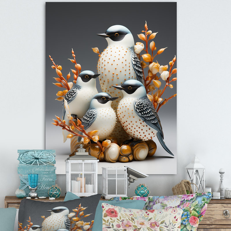 «Frosty White Natures Songbirds», reproduction sur toile, Cadre flottant doré, H 44 po x l 34 po
