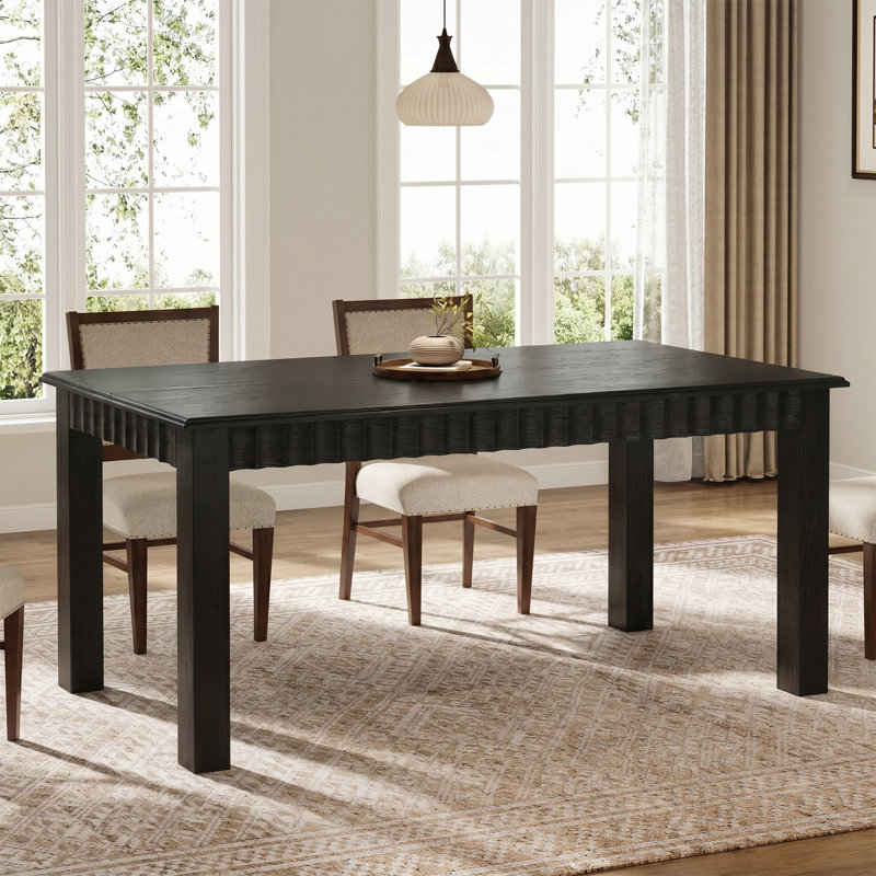 Solid Wood Dining Table For 6, 63 Inch Farmhouse Kitchen Table With  Fluting Details, Black