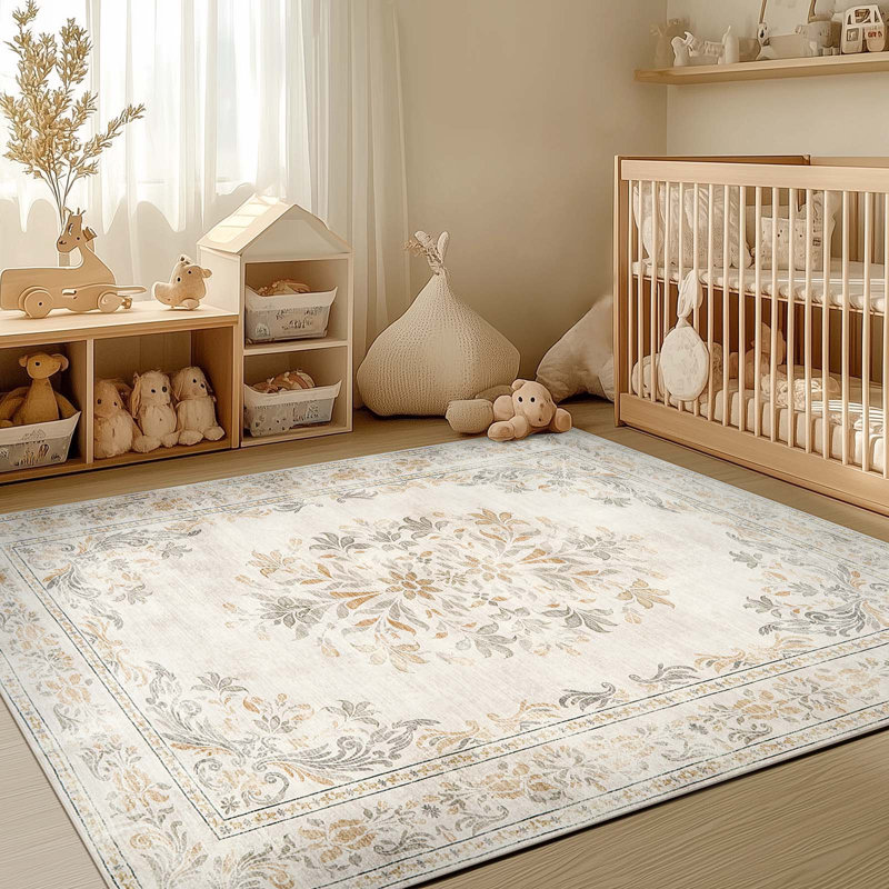 Vintage Floral Distressed Design Non-Slip Low-Pile Soft Thin Faux Wool Area Rug, Rectangle 5' x 7'