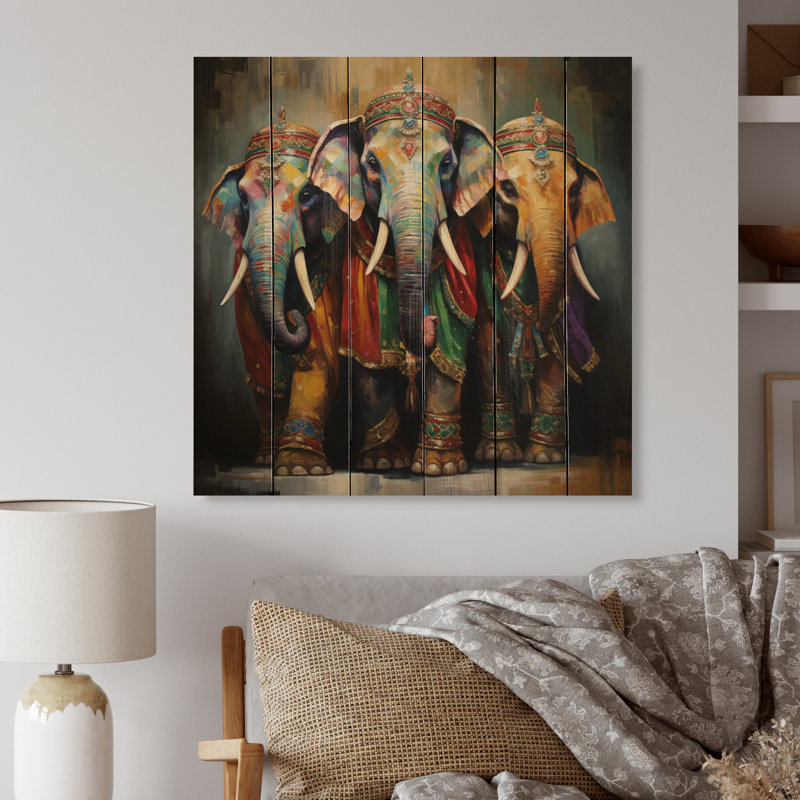 «Kaydin Asian Art», éléphants thaïlandais sur bois, impression sur bois, H 25 po x l 25 po x P 0,78 po