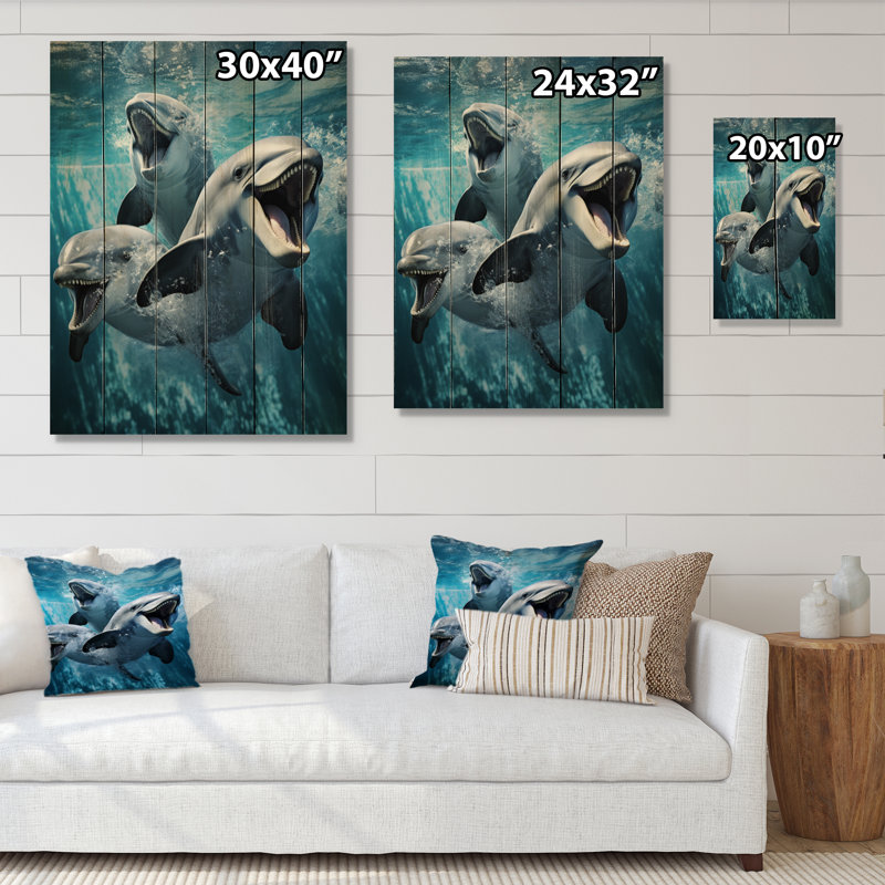 Dauphin gris et bleu, élégance océanique II sur bois, H 40 po x l 30 po x P 0,78 po