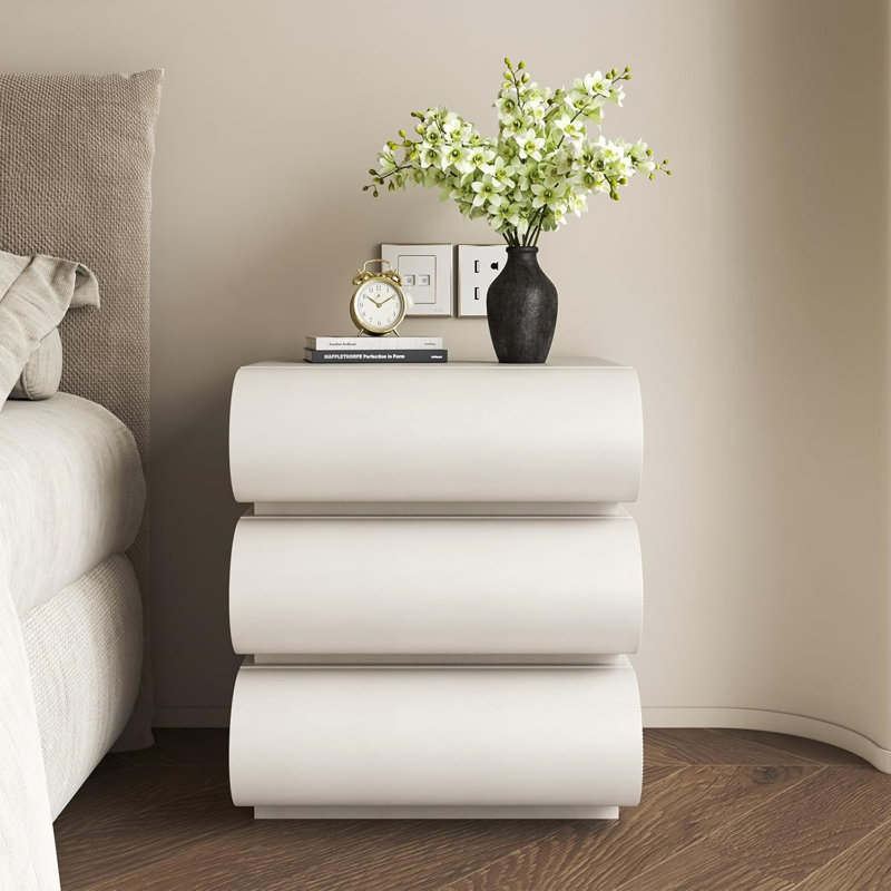 Modern Cream Leather-Wrapped Solid Wood 3-Drawer Nightstand Set of 2 - Italian Minimalist Design for Bedroom - Luxe & Durable