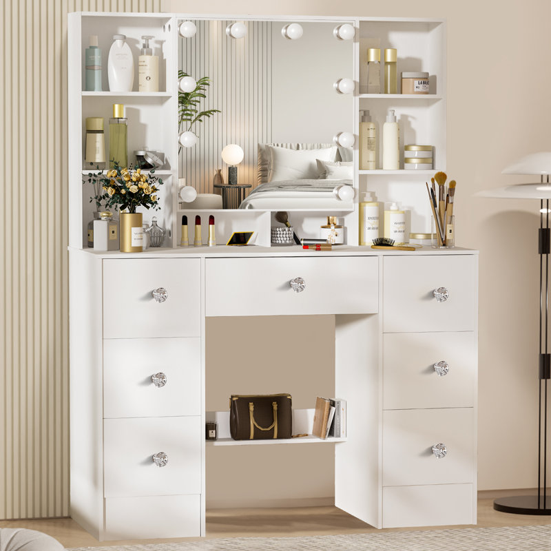 Ensemble de coiffeuse avec lumières DEL et bureau de maquillage à miroir avec 7 tiroirs