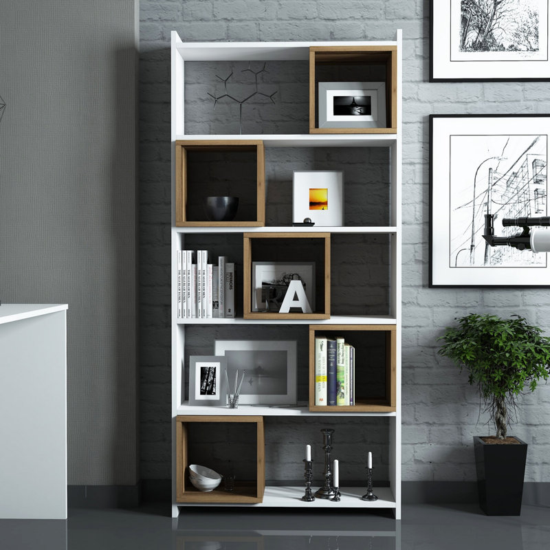 Lene 170 cm H x 80 cm W Geometric Bookcase, White/Walnut