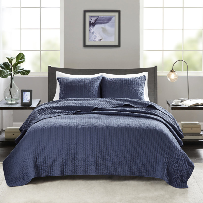 Courtepointe bleu marine 3 pièces pour lit double / grand lit - Microfibre avec rembourrage en coton, réversible, améliore la propreté et l'hygiène de la literie Microfibre, rembourrage, améliore la longévité