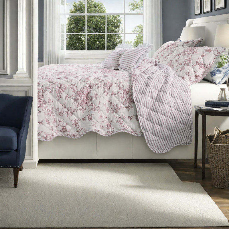 Ensemble de literie réversible rose, courtepointe 4 pièces en microfibre Cottage Home