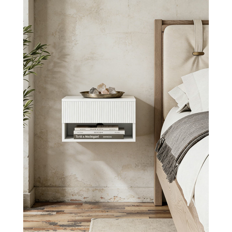 Table de chevet flottante avec tiroir et tablette ouverte, table de chevet murale pour un rangement peu encombrant dans la chambre, la salle de bain ou le salon