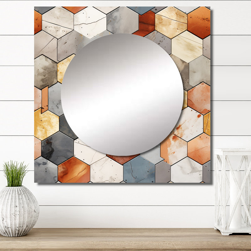 Motif rustique hexagonal Boho - Miroir carré moderne pour décoration murale, 36 po x 36 po