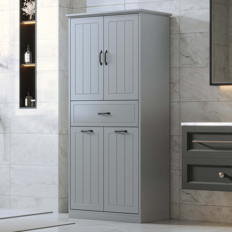 Armoire de rangement pour salle de bain avec deux paniers à linge, Gris
