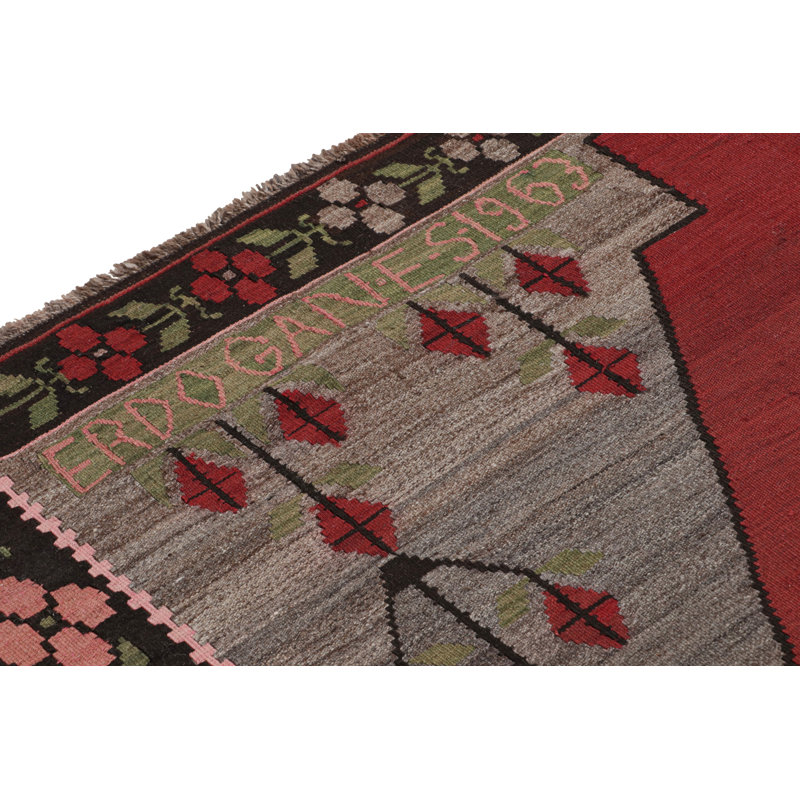 Tapis décoratif en laine de conception unique 6 pi 6 po x 11 pi 7 po noué à la main gris/rouge/brun
