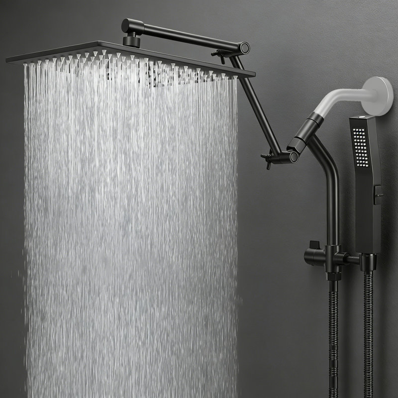12 Inch All Metal Rain Shower Head With Handheld Built-In Power Wash Mode, With 16" Adjustable Extension Arm, Black