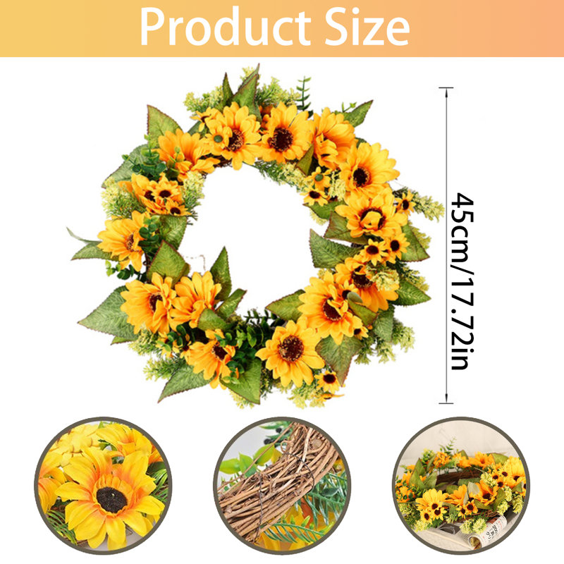 Couronne de tournesol 17,72 "pour la porte d'entrée - Couronne florale artificielle d'été luxuriante, décoration de bricolage pour mur, maison, mariage, fête, Noël (jaune)