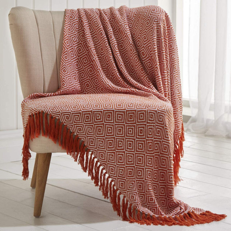Laoise Throw Blanket with Tassel Trim, Terracotta, 228 x 250cm Blanket