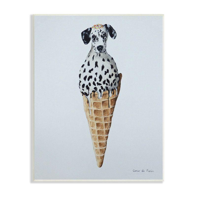 «Dalmation Dog Ice Cream Scoop Waffle Cone» par Coco De Paris - Peinture, H 15 po x l 10 po, Plaque murale
