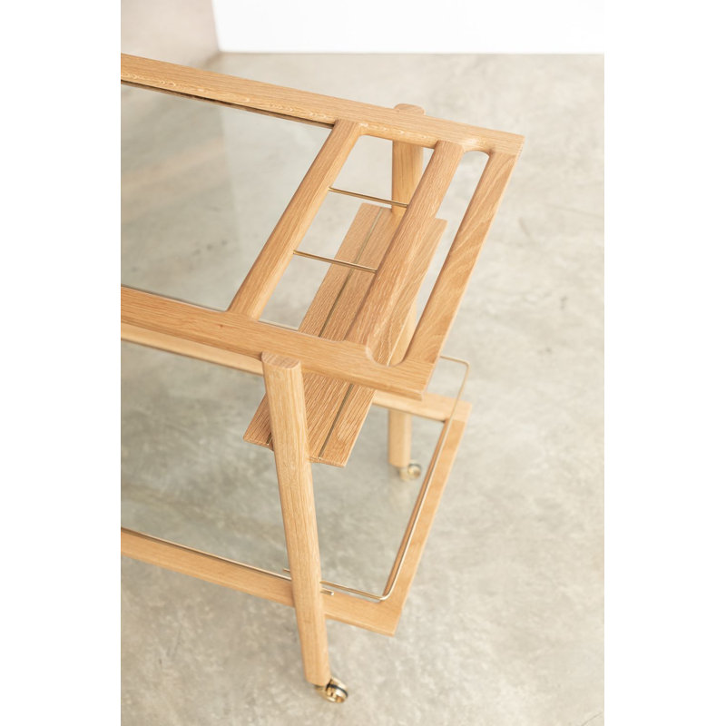 Solid Wood Bar Cart with Wheels, White Oak/Brass