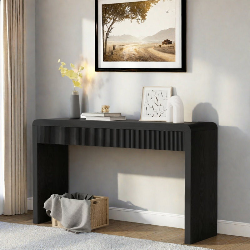 Console de tiroir à cannelure rustique - Table d'entrée en placage de bois massif, Noir