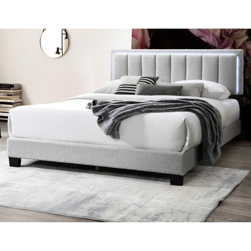 Gray Wool Upholstered Queen Bed With Appealing Tufting Headboard And Built Led, No Box Spring Fabric Bedframe Led, Light Gray
