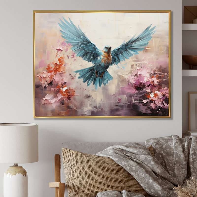 Cerulean Calm Graceful Dove sur toile, Cadre flottant doré, H 34 po x l 44 po x P 1,5 po