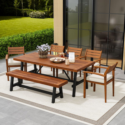 Wood 7-Piece Outdoor Dining Set with 5 Chairs, Bench and Table