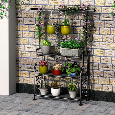 Support pour plante d'intérieur et d'extérieur en métal robuste, support noir antirouille avec crochets et pieds réglables pour plantes multiples