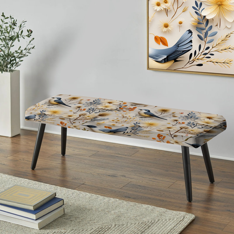 Élégance d'oiseaux floraux bleus et jaunes scandinaves - banc rembourré floral noir