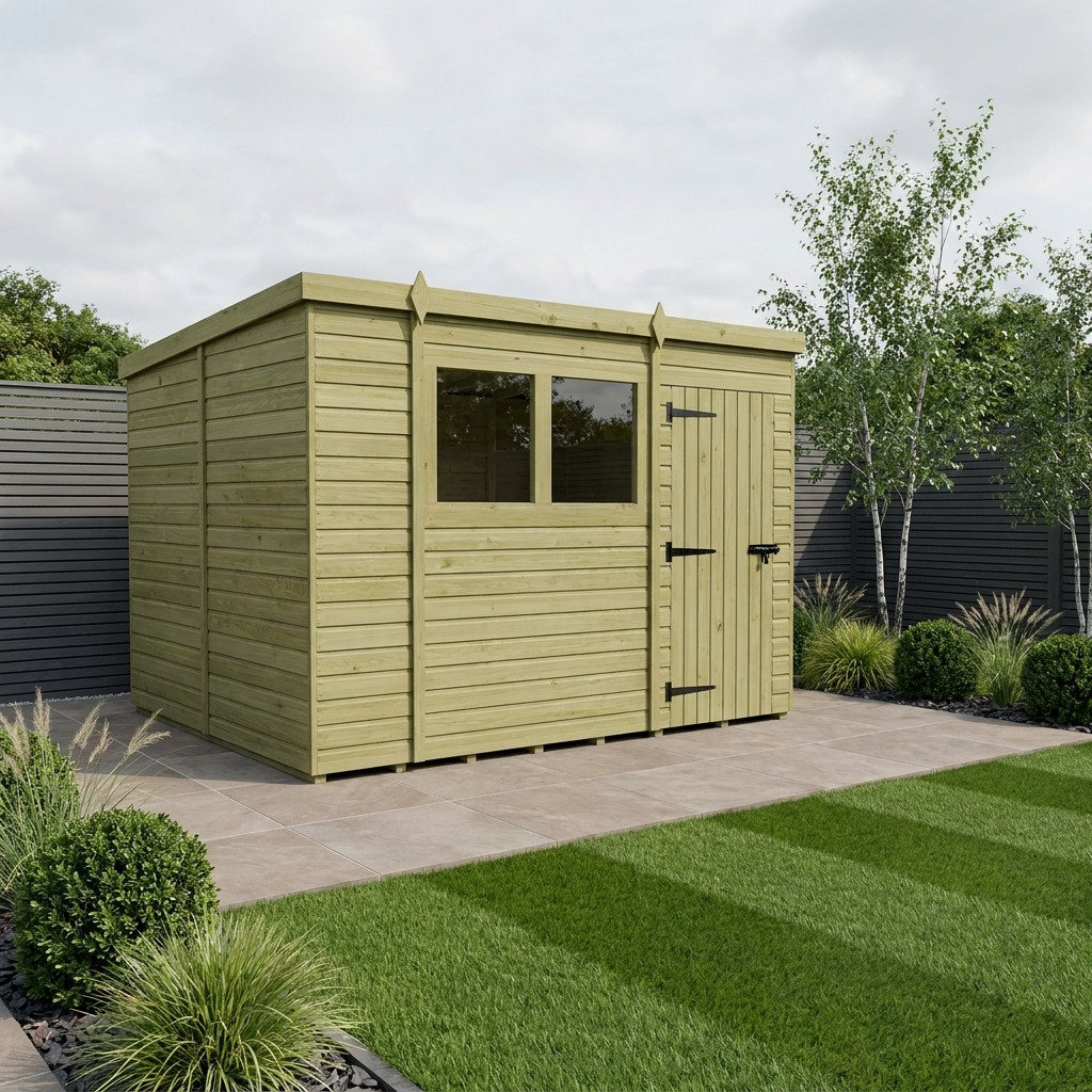 Total Sheds 11ft x 7ft Pent Garden Shed - Single Door - With Windows - Pressure Treated Timber - UK Manufactured