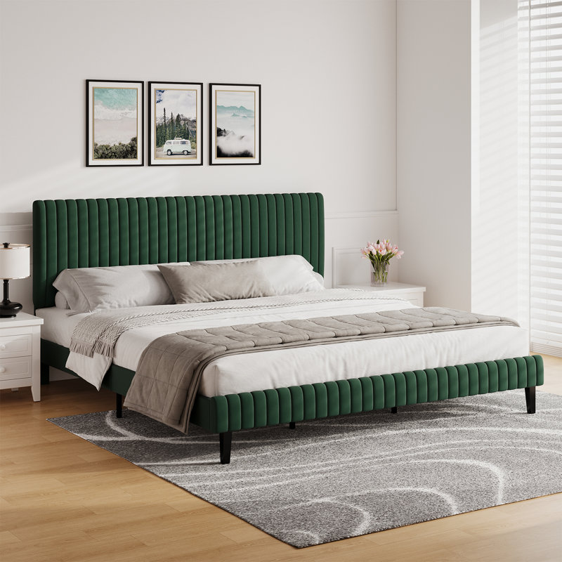 Velvet Upholstered Platform Bed Headboard and footboard with soft-padded vertical channel quilting, King, Green