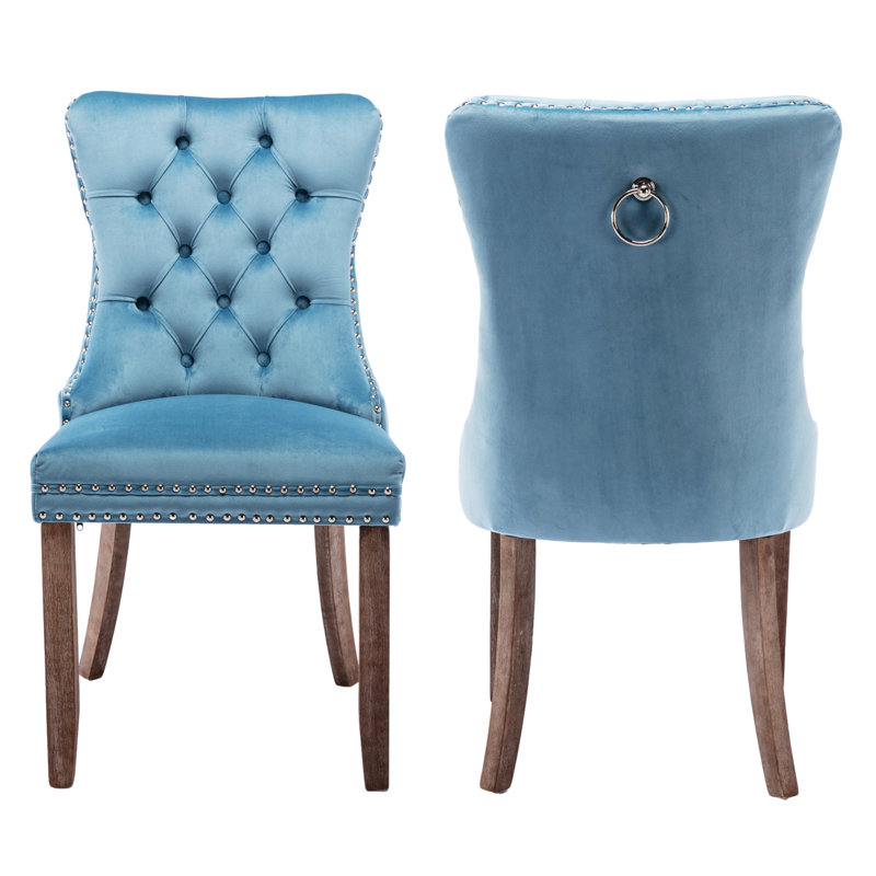 Tufted Velvet Wing Back Side Dining Chairs, Brown, Light Blue