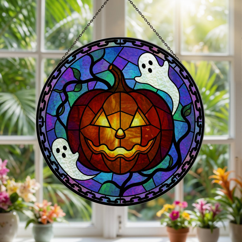 Panneau de vitrail en verre coloré 12 "H Pumpkin