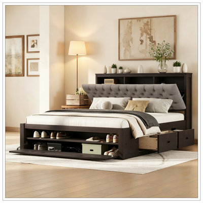 Wood Queen Size Platform Burbach with Storage Headboard, shoe rack and 4 drawers