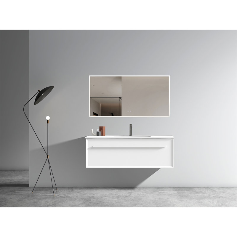 U051-Nevia48w-156 Meuble-lavabo blanc mat 48 po Nevia avec lavabo à surface solide blanc, meuble-lavabo mural flottant