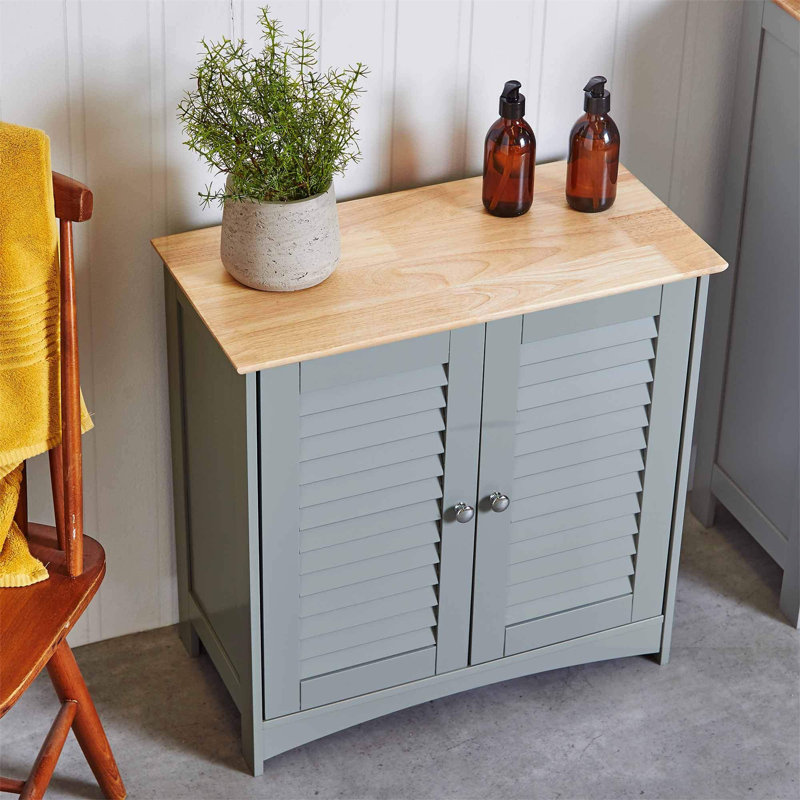 Bathroom Cabinet – Grey & Rubberwood Freestanding Storage Cupboard - Storage Unit with Shutter Style Doors, 2 Shelves & Solid Wood Top - For Bathroom, Living Room, Kitchen, Hallway - Shrewsbury