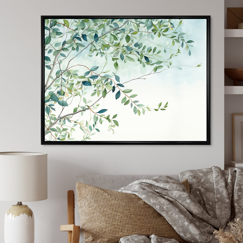 «Green Leaves Scenery Minimalisme II», reproduction sur toile, Cadre flottant noir, H 34 po x l 44 po x P 1,5 po