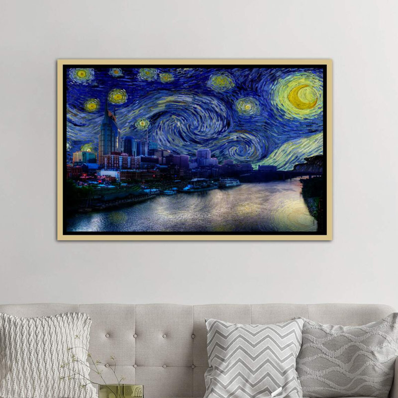 Nashville, Tennessee, nuit étoilée, impression d'art graphique, H 40 po x l 60 po x 1,5 po, Toile encadrée d'or