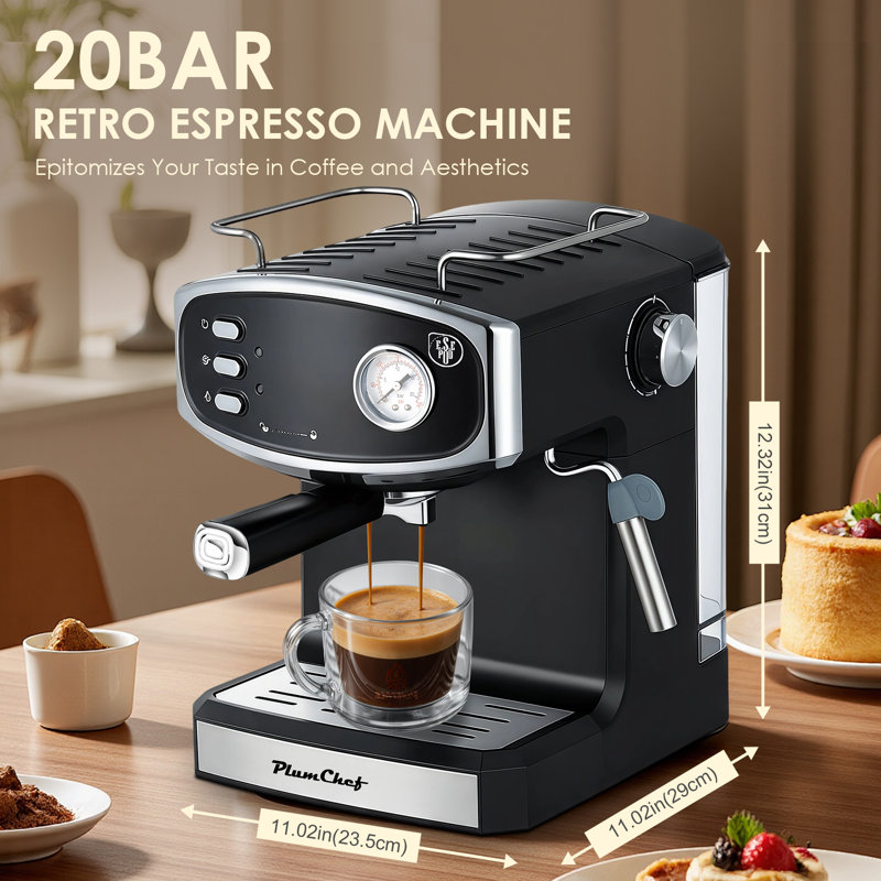 20 Bar Espresso Coffee Maker for Home - Professional Compact Coffee Maker witn Steam Wand Milk Frother, Pressure Gauge, 54oz Tank - Low Noise Fast Brew for Cappuccino, Latte,black