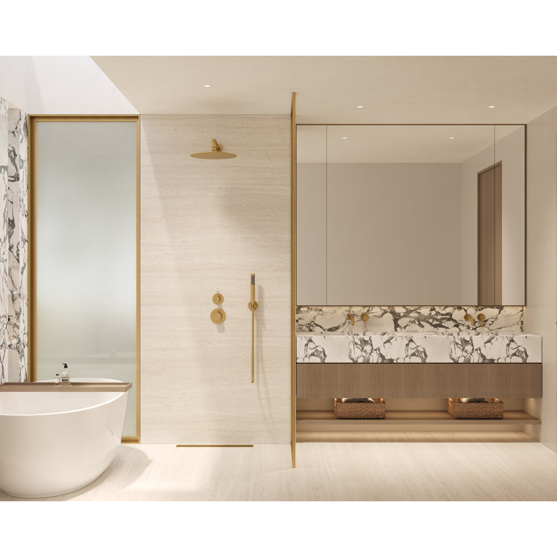 Tinian Thermostatic Shower System with Split Control Panel with 12-inch shower head, Handheld Shower in Brushed Gold
