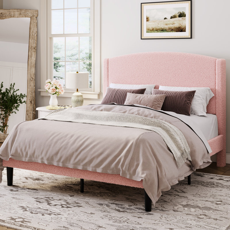 Chic Teddy Fleece Upholstered Platform Bed With Curve-Shaped Headboard, Modern Soft Boucle Fabric Bed Frame, Solid Wood Slat Support, No Box Spring Needed