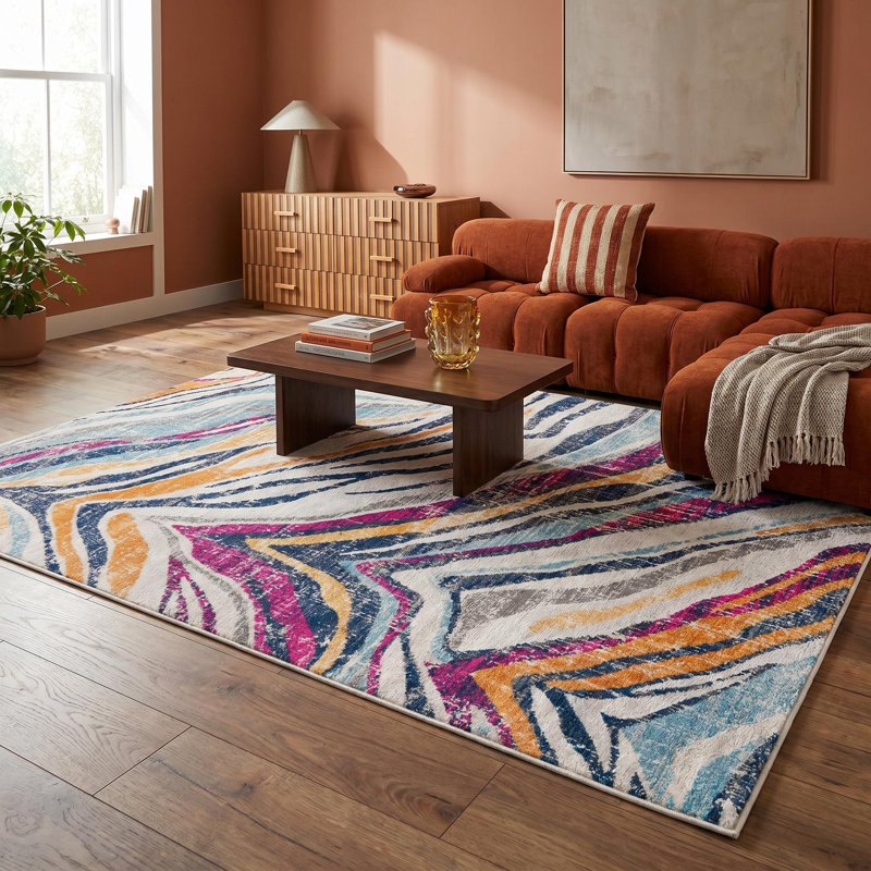 Raen Ivory Blue and Gold Abstract Area Rug, Rectangle 4' x 6'
