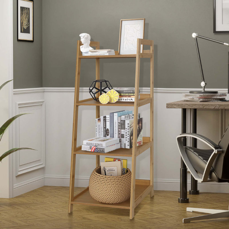 Wood Bookcase Ladder Bookshelf Shelving Unit, Natural, (4 Shelves) 40.4"H x 17"W x 13.5"D