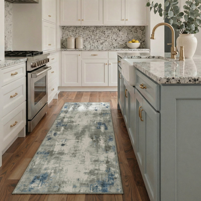 Mignone Pavelina Abstract Machine Washable Grey/Ivory/Blue Indoor Area Rug With Non-Slip Backing, Runner 2'3" x 6'