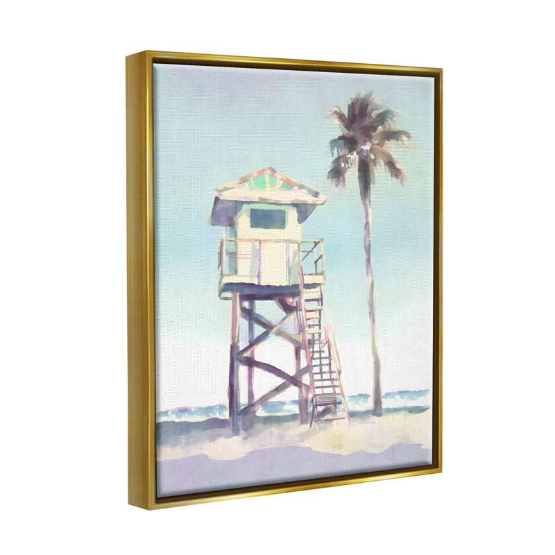 Mute Beach Hut par Petals Prints Design, Cadre flottant métallique doré, H 20 po x l 16 po