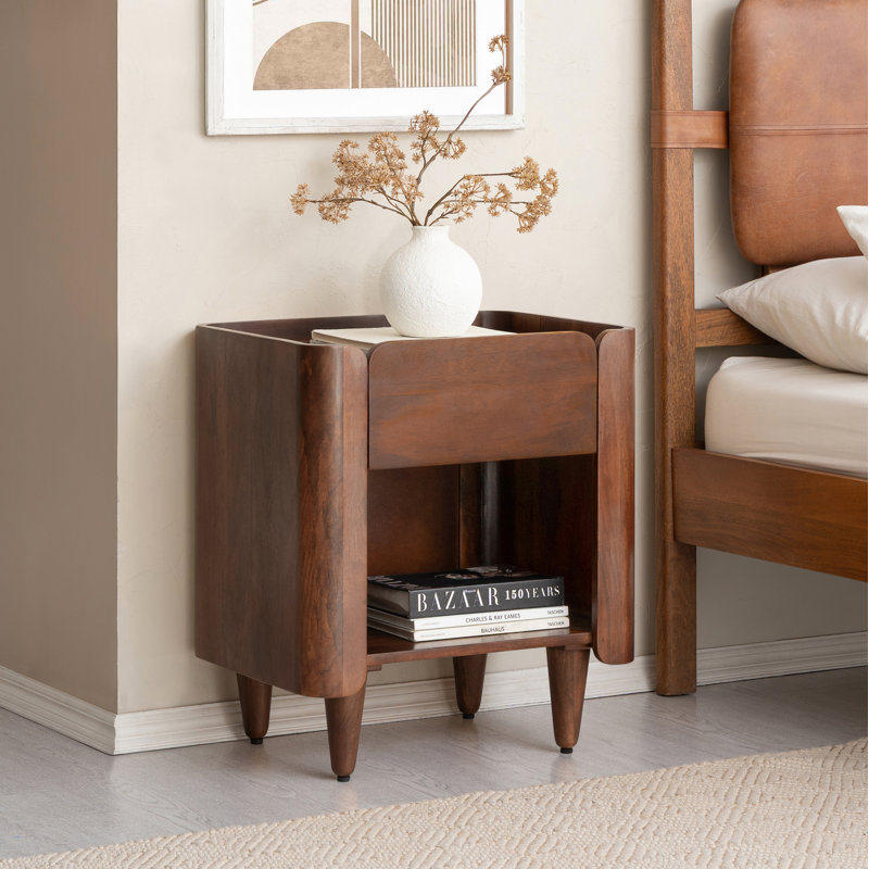 Helga Solid Wood Nightstand with 1 Drawer and Open Shelf Storage, Walnut