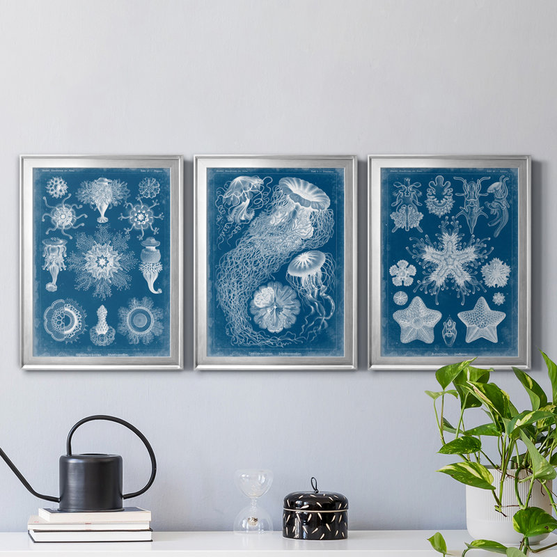Marine Blueprint I - ensemble de 3 peintures sur toile encadrées, Encadrement argenté, H 18,5 po x l 73,5 po x P 1,5 po